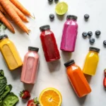 Erilaisia ​​mehuja ja hedelmiä aseteltuna valkoiselle pöydälle, ja aineenvaihto smoothie on näkyvästi esillä.