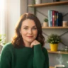 A smiling woman with reddish hair wearing a green sweater, posing in a warm, sunlit room with books and plants.