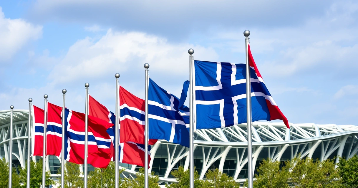 Pohjoismaiden liput urheilustadionin edessä