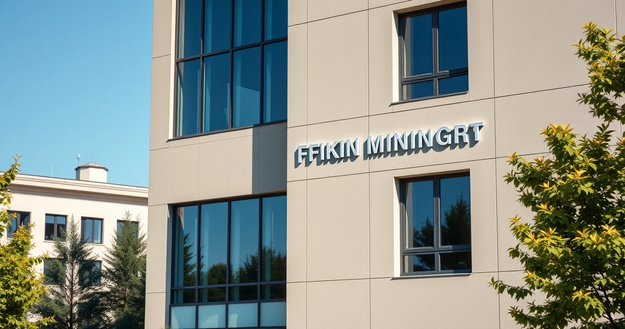 Ministeriön toimistorakennus aurinkoisena päivänä