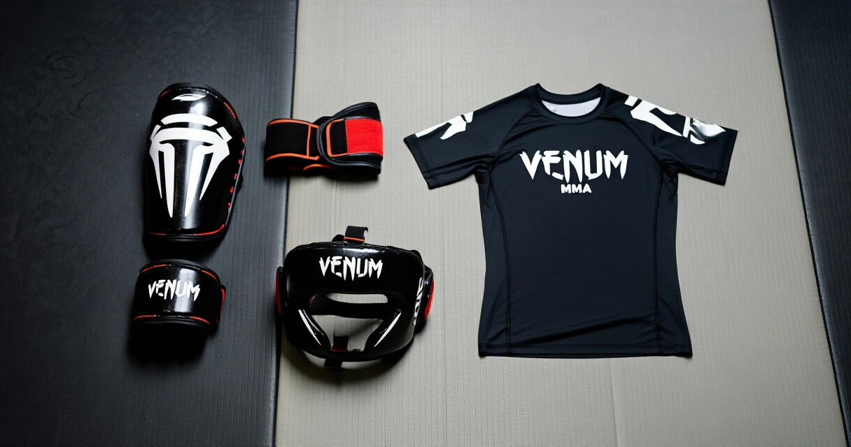 Venum MMA-varusteet – säärisuojat, pääsuoja ja rash guard harjoitusmatolle asetettuna