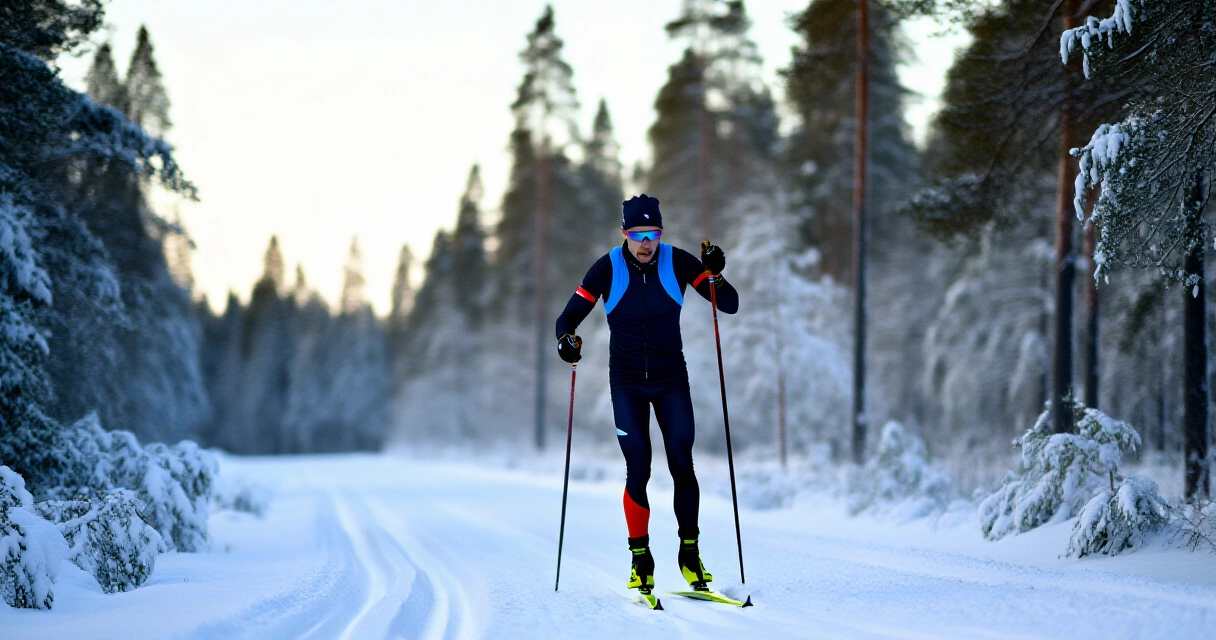 Hiihtäjä talvisessa suomalaisessa metsässä aamulla