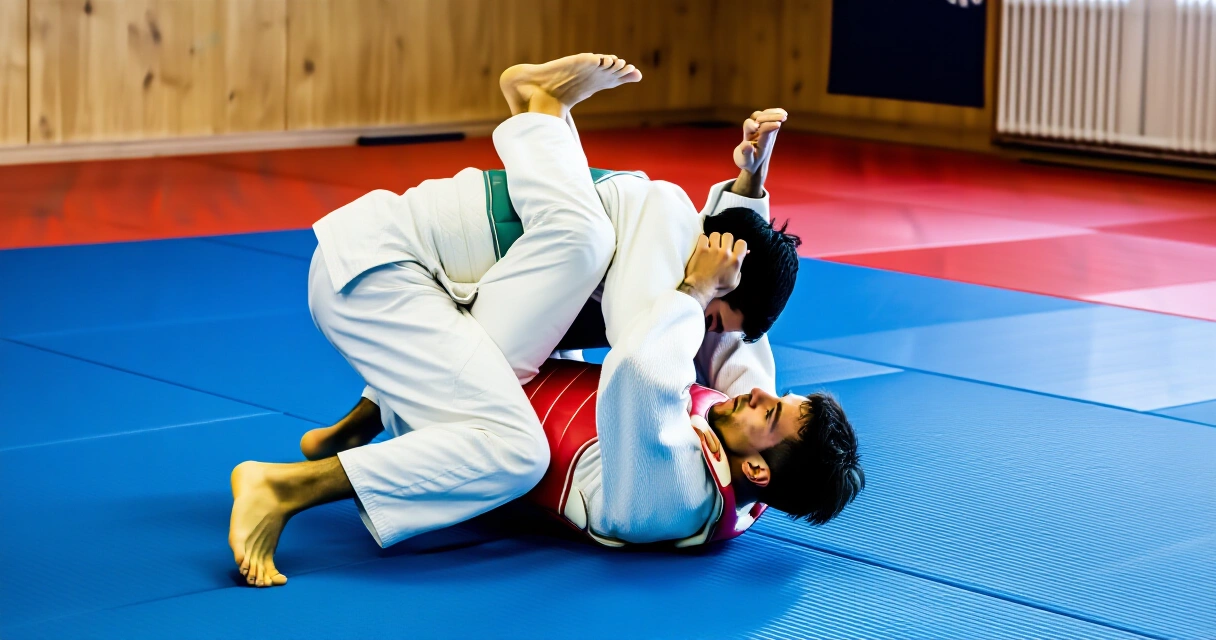 Judoharrastajat harjoittelevat heittoja tatamilla turvallisesti suojavarusteet päällä