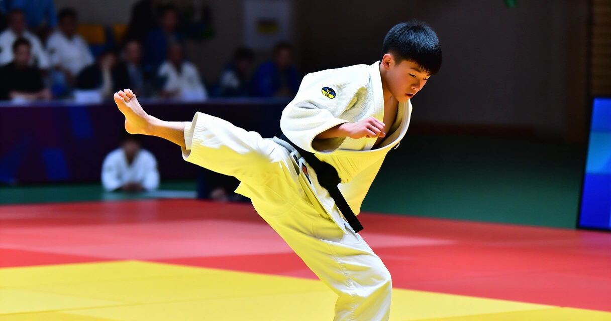 Nuori suomalainen judoka suorittaa heittoliikettä SM-kilpailuissa