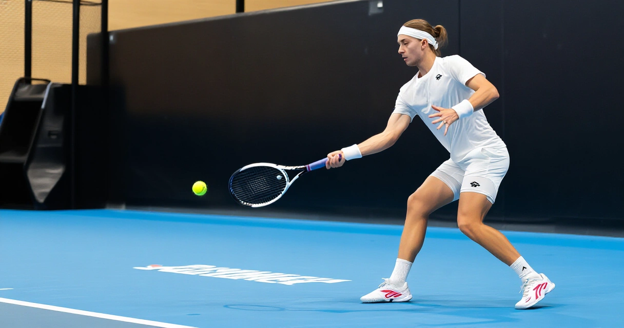 Tennispelaaja lyömässä rystylyöntiä suomalaisessa sisähallissa