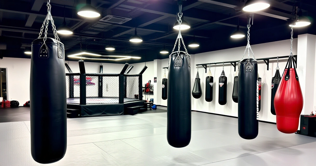 UFC Gym Helsingin harjoitustila nyrkkeilysäkkeineen ja oktagoni häkkeineen