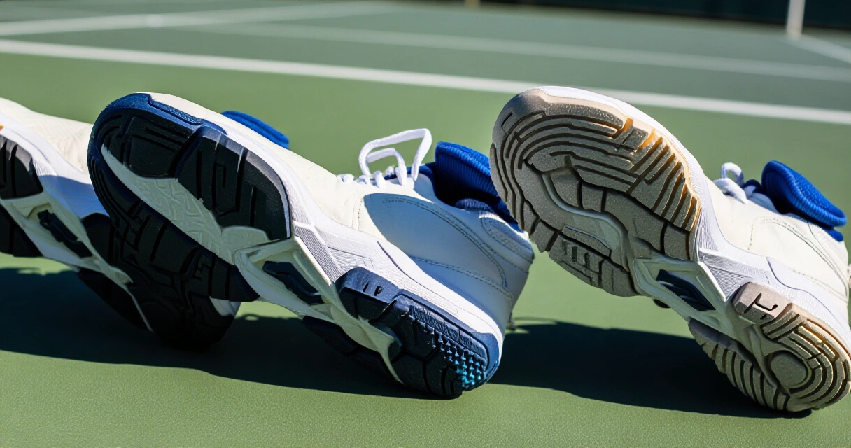 Nike, Asics ja New Balance tenniskenkien pohjat rinnakkain kovalla kentällä