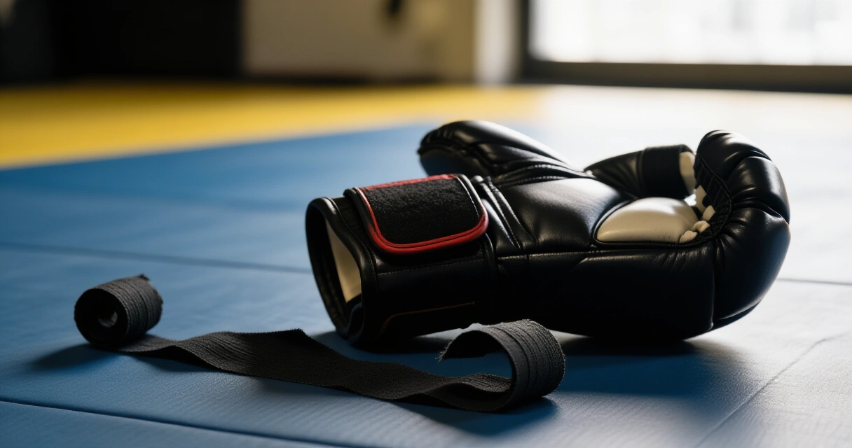 MMA-hanskat ja käsinauhat harjoitusmaton päällä UFC Gym Helsingissä