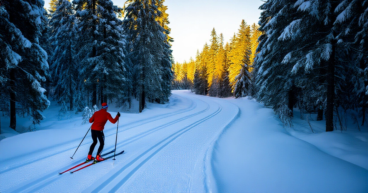 Hiihtäjä lumisella ladulla talvisessa Suomen metsässä