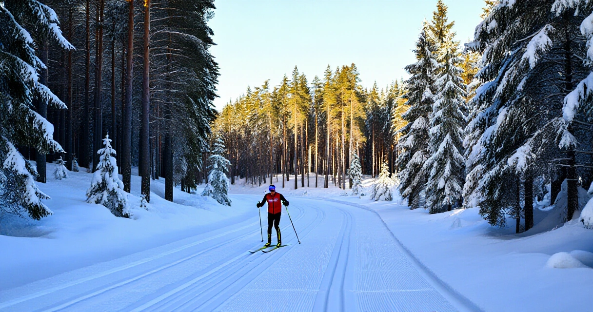 Suomalainen maastohiihtäjä talvisessa mäntymetsässä ladulla