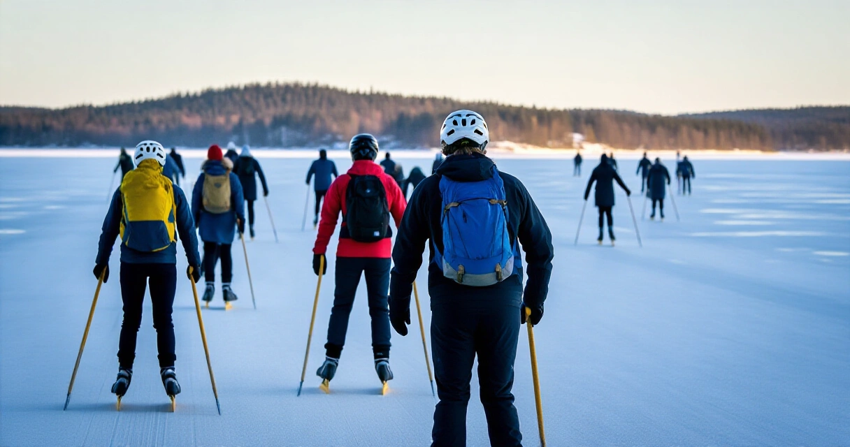 Retkiluistelijoita luonnonjäällä Suomessa talvisessa maisemassa