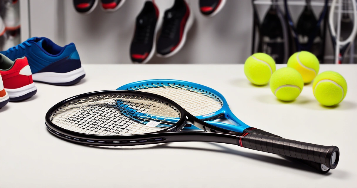 Tennismailoja, kenkiä ja palloja urheilukaupan hyllyllä