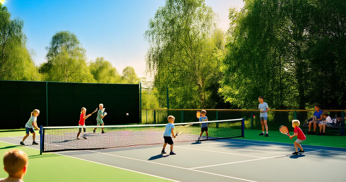 Lapset pelaamassa tennistä ulkokentällä Suomessa kesällä