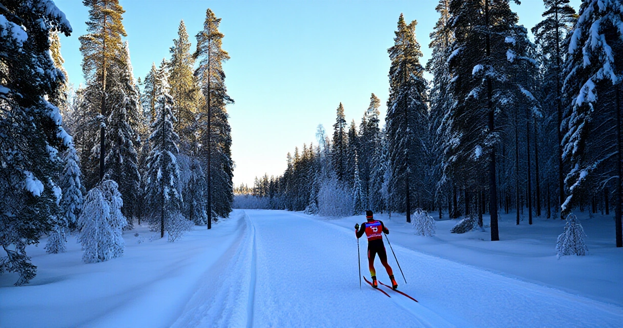 Hiihtäjä talvisessa suomalaisessa metsässä auringonpaisteessa