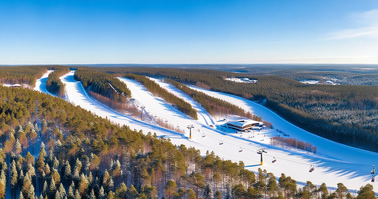 Ilmakuva suomalaisesta laskettelukeskuksesta Lapissa lumisine rinteineen
