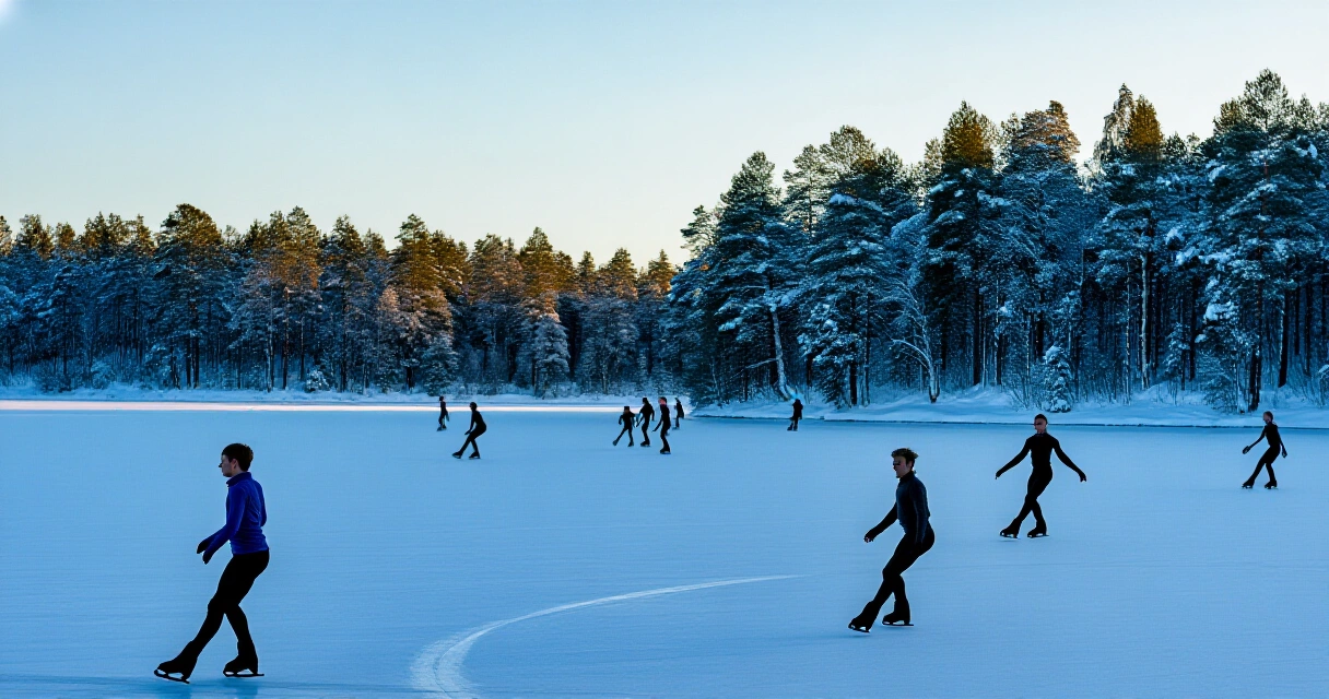 Luistelijoita jäällä suomalaisella talvijärvellä lumisen maiseman keskellä