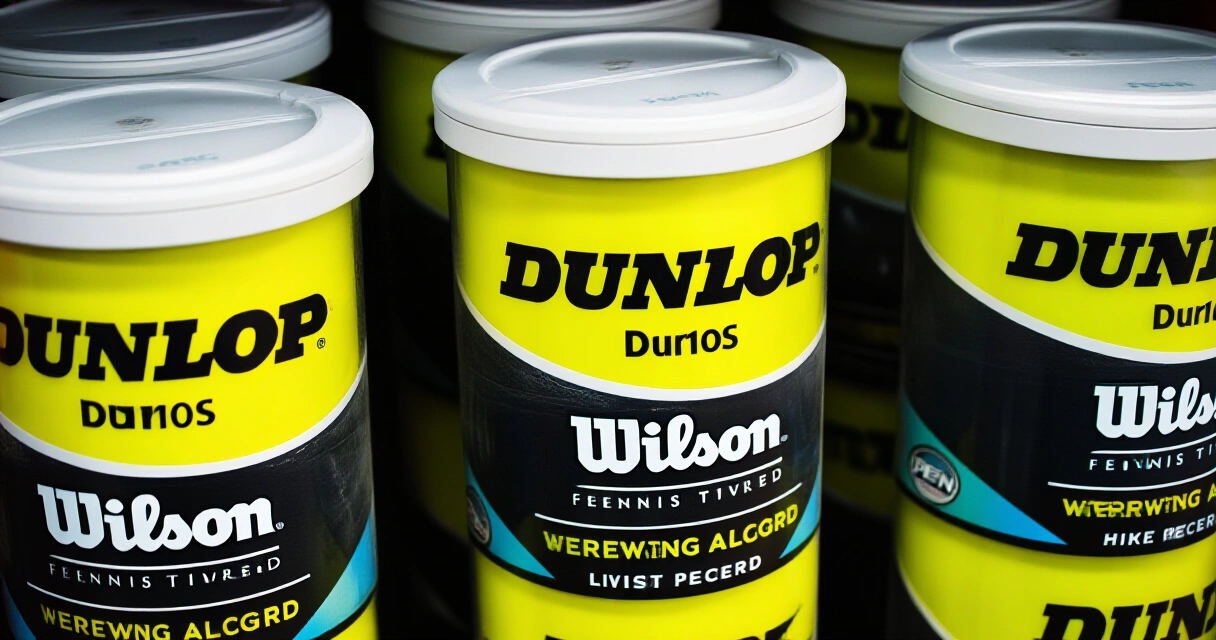 Tennispalloja kaupan hyllyllä – Dunlop, Wilson ja Penn rinnakkain