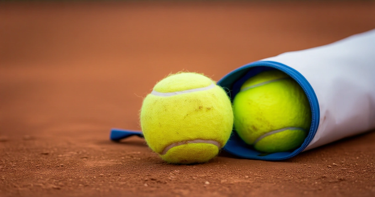 Keltaisia tennispalloja putkessa savikentällä