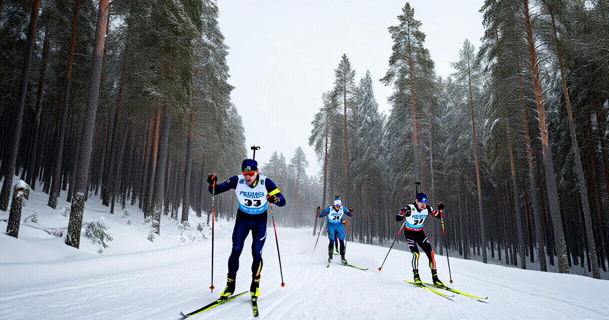 Suomalaiset maastohiihtäjät kilpailemassa lumisessa metsässä talvella