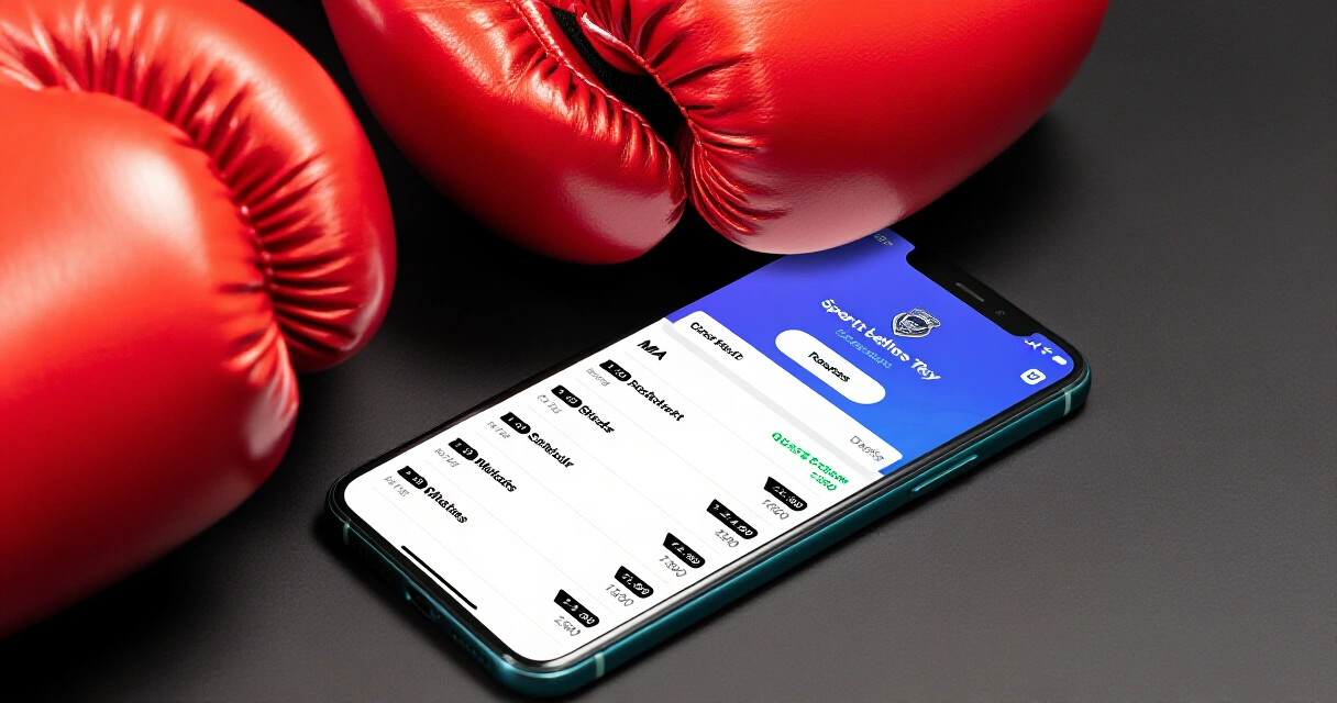 Nyrkkeilyhanskat ja vedonlyöntisovellus puhelimen näytöllä MMA-kertoimilla