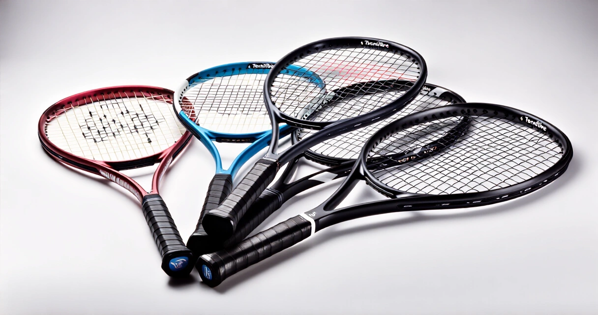 Tecnifibre-tennismailoja esillä, eri malleja rinnakkain