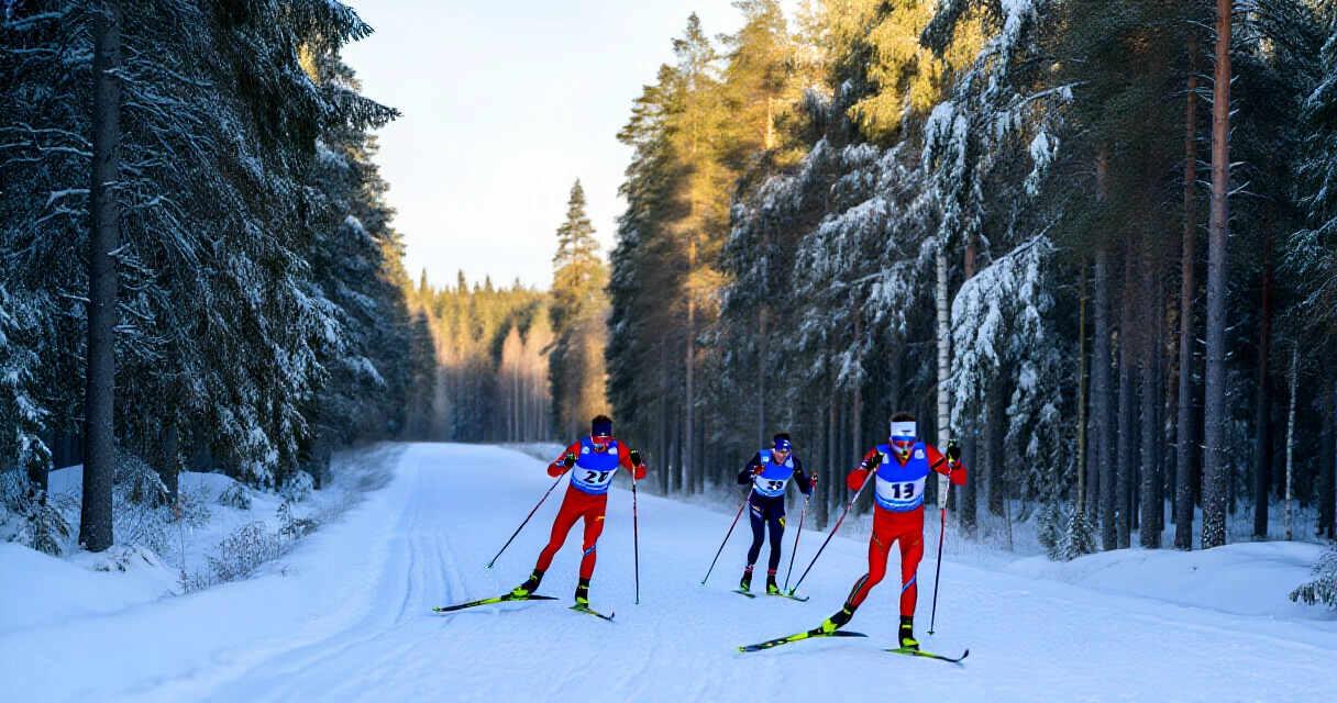Suomalaisia hiihtäjiä harjoittelemassa metsäladulla talvisessa aamuvalossa