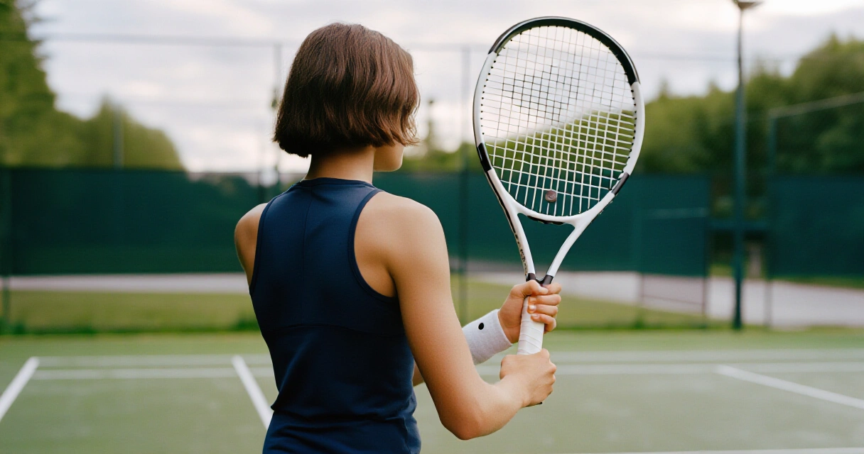 Tennispelaaja pitää mailaa pohjoismaisella ulkokentällä