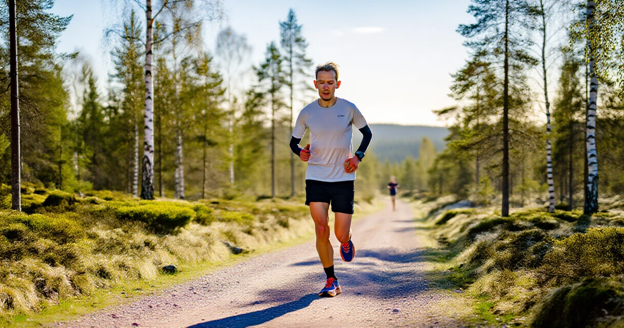 Juoksija suomalaisessa metsässä kesäisenä aamuna polulla