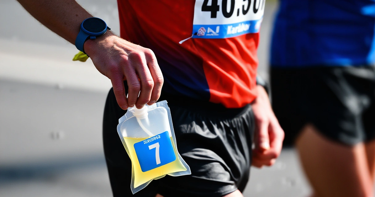 Maratonjuoksija käyttää energiageeliä juoksun aikana nesteytysstrategiana