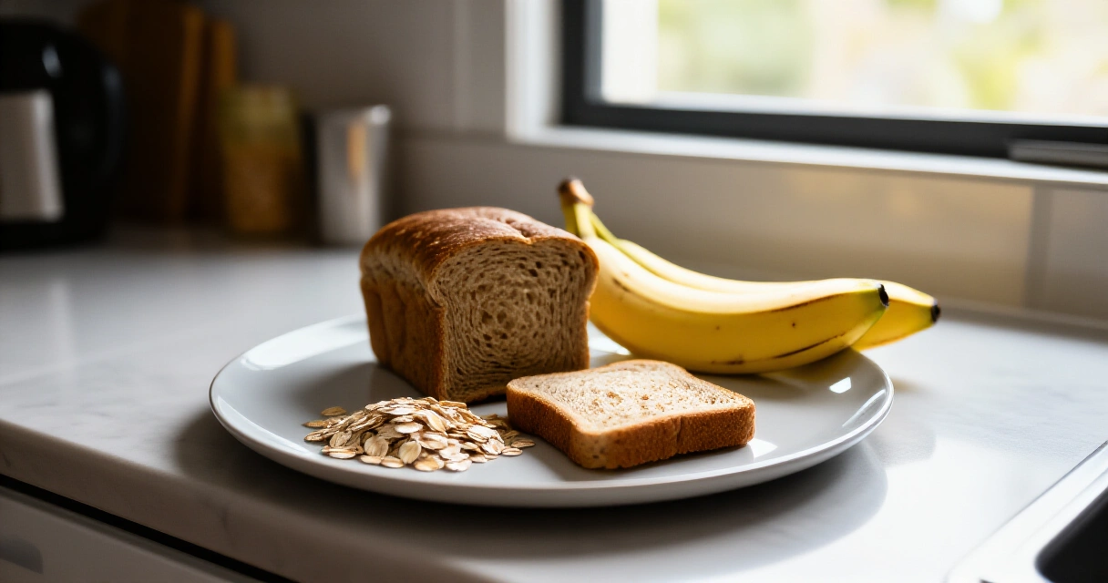 Juoksijan ennen lenkkiä syötävä terveellinen välipala: täysjyväleipää, banaania ja kauraa