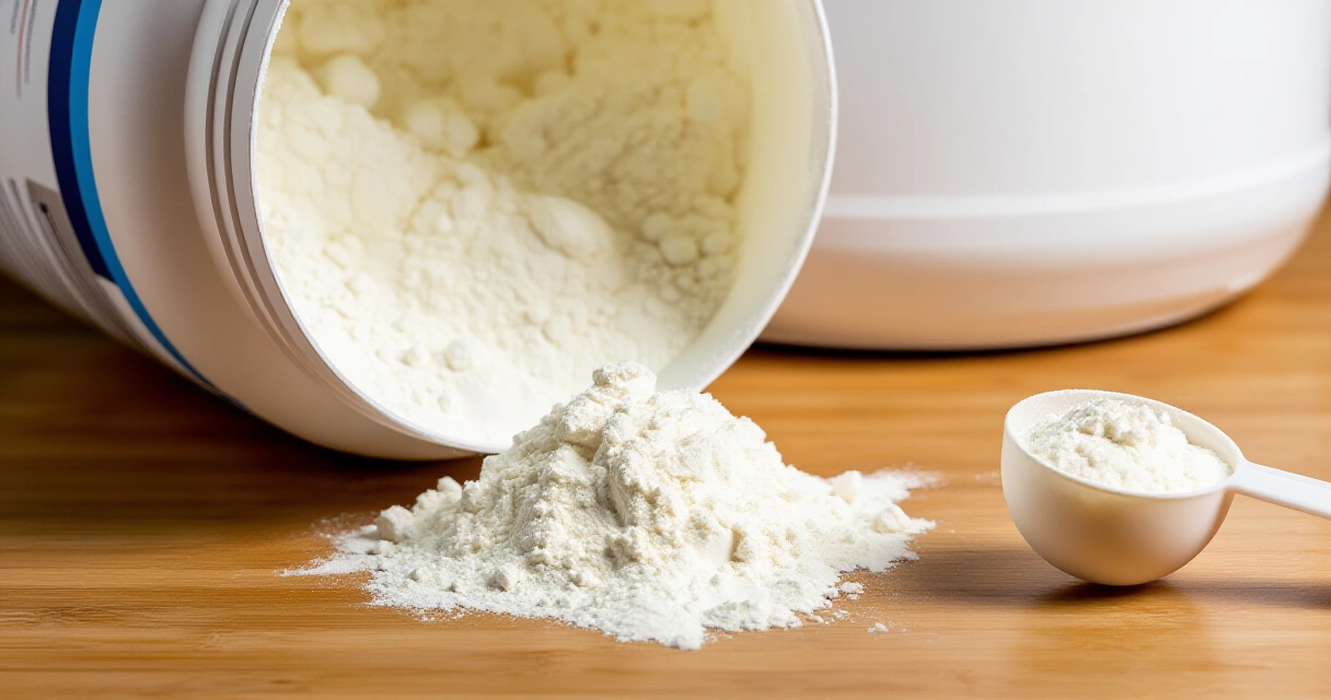 Heraproteiinijauhe mittalusikassa puupinnalla studiovalossa