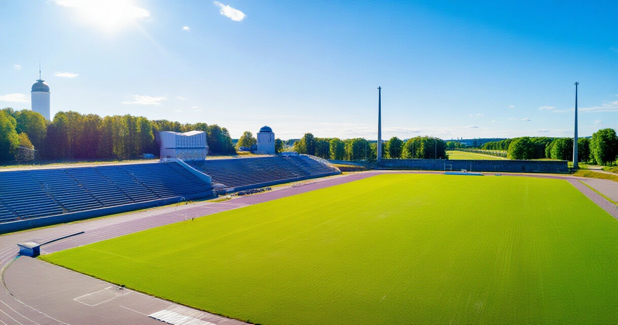 Helsingin Olympiastadion ilmakuvassa kesäpäivänä, vihreä yleisurheilurata näkyvissä