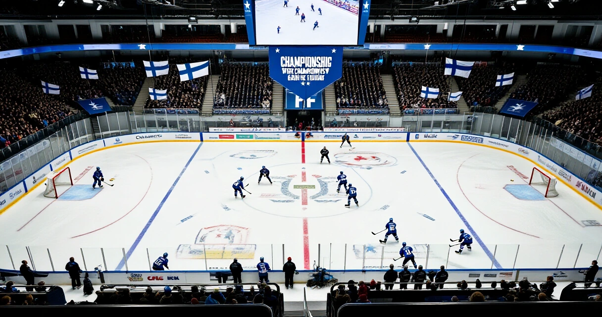 Suomalainen jääkiekkoareena MM-kisatunnelmassa, täynnä katsojia