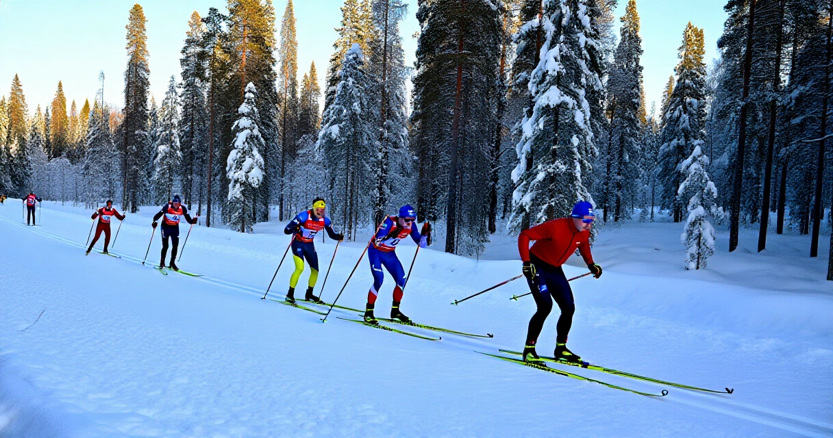 Suomalaiset urheilijat maastohiihtoharjoituksissa talvisessa metsämaisemassa