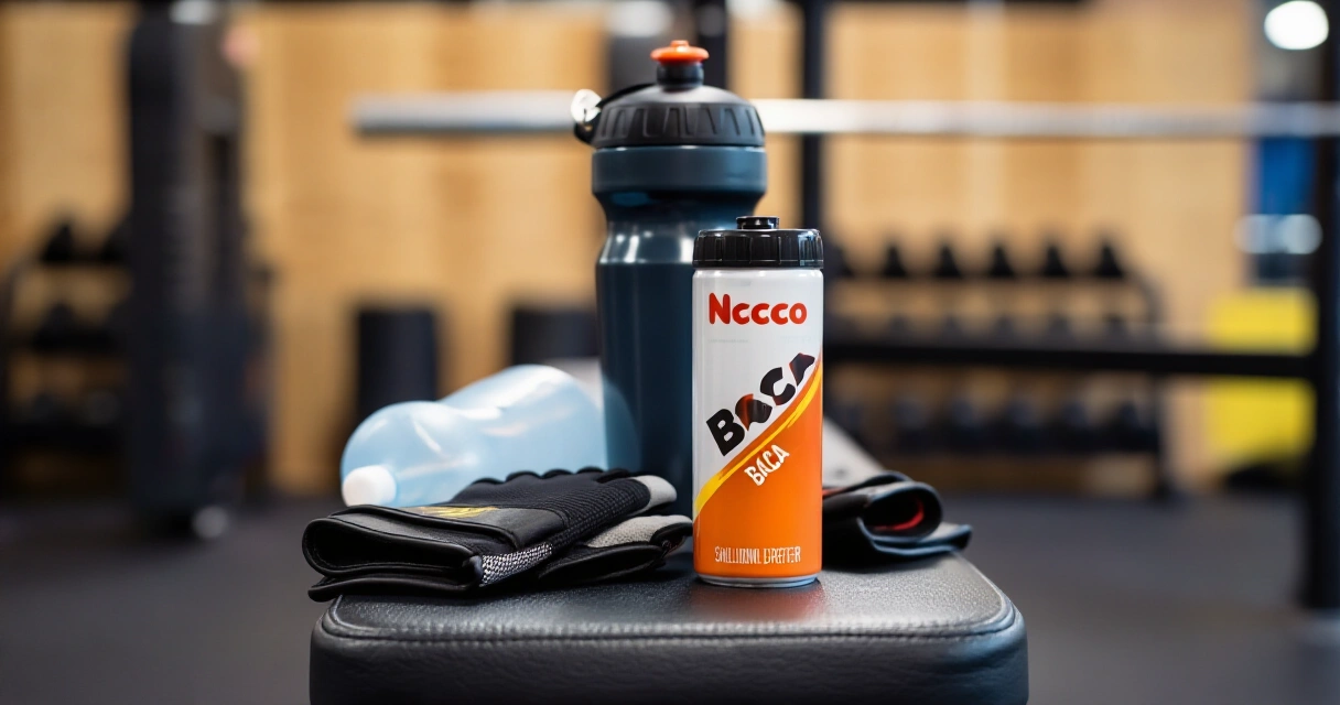 Nocco BCAA -juomatölkki kuntosalin penkillä treenihanskojen vieressä
