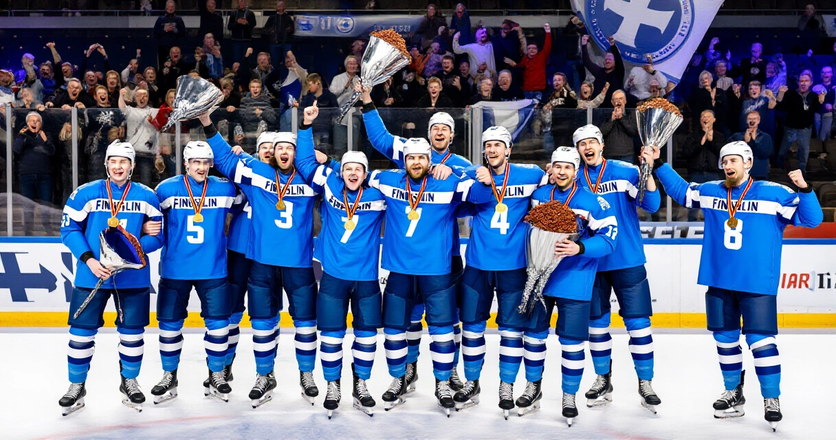 Suomen jääkiekon maajoukkue juhlii MM-kultamitalia areenalla