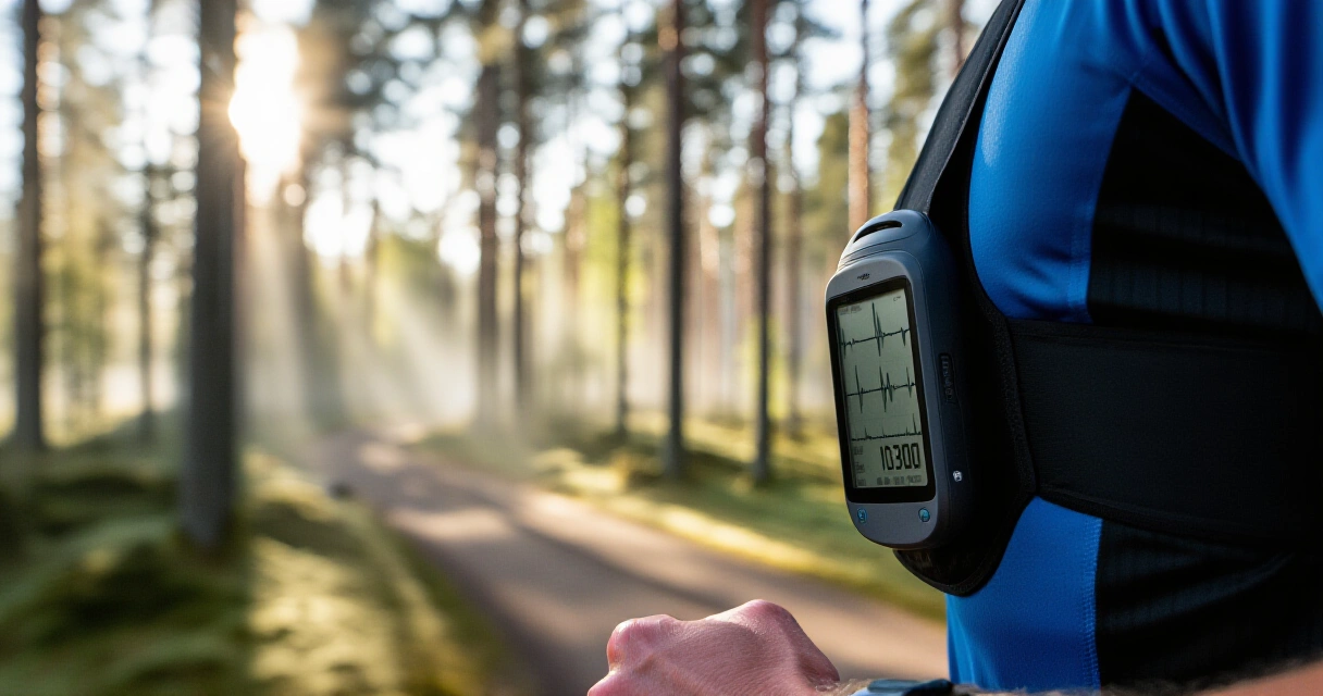 Juoksija sykemittari rinnassa metsäpolulla Suomessa