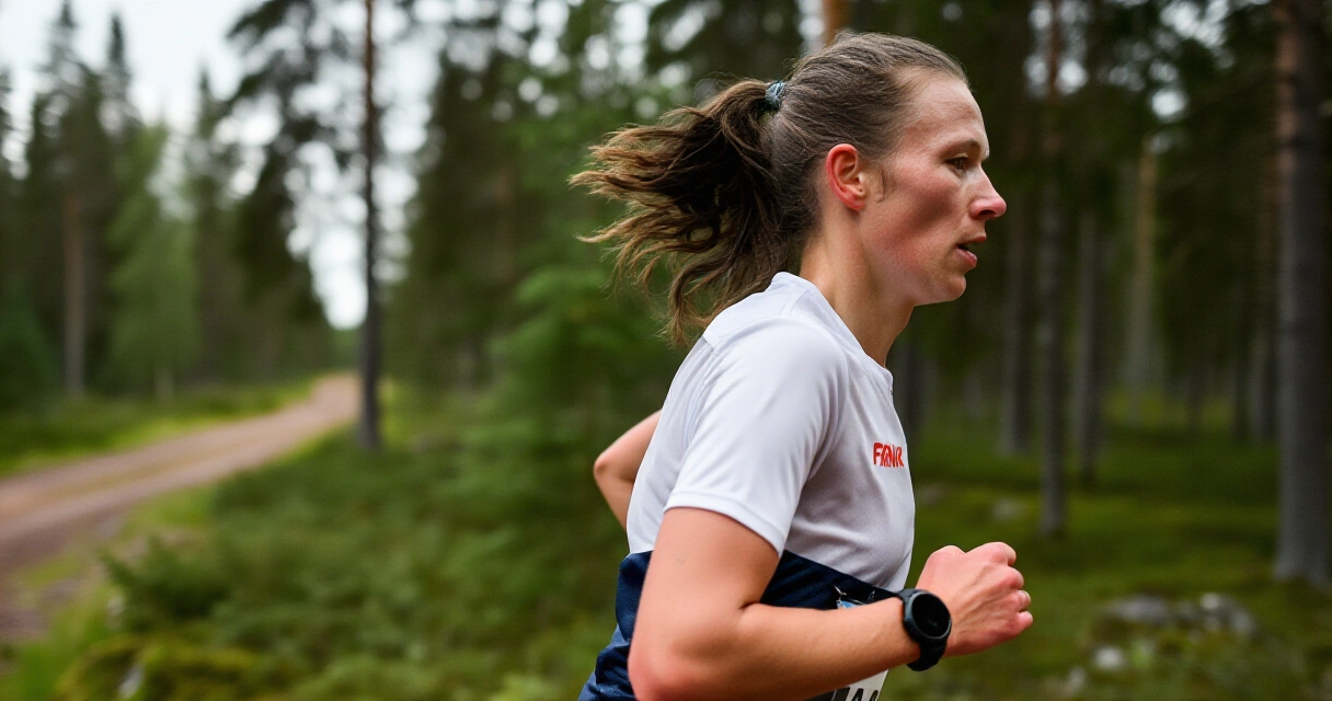 Juoksija metsäpolulla näyttämässä oikeaa juoksuasentoa sivulta kuvattuna
