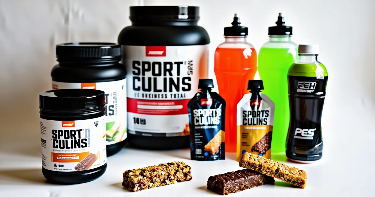 Nutrisport-tyyppisiä urheiluravinteita: proteiinipatukoita, geelejä ja urheilujuomia