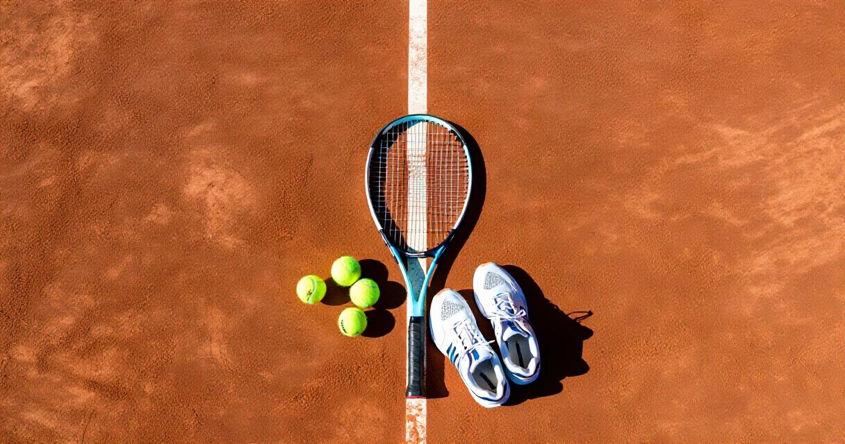 Tennismaila, palloja ja tenniskengät savikentällä ylhäältä kuvattuna