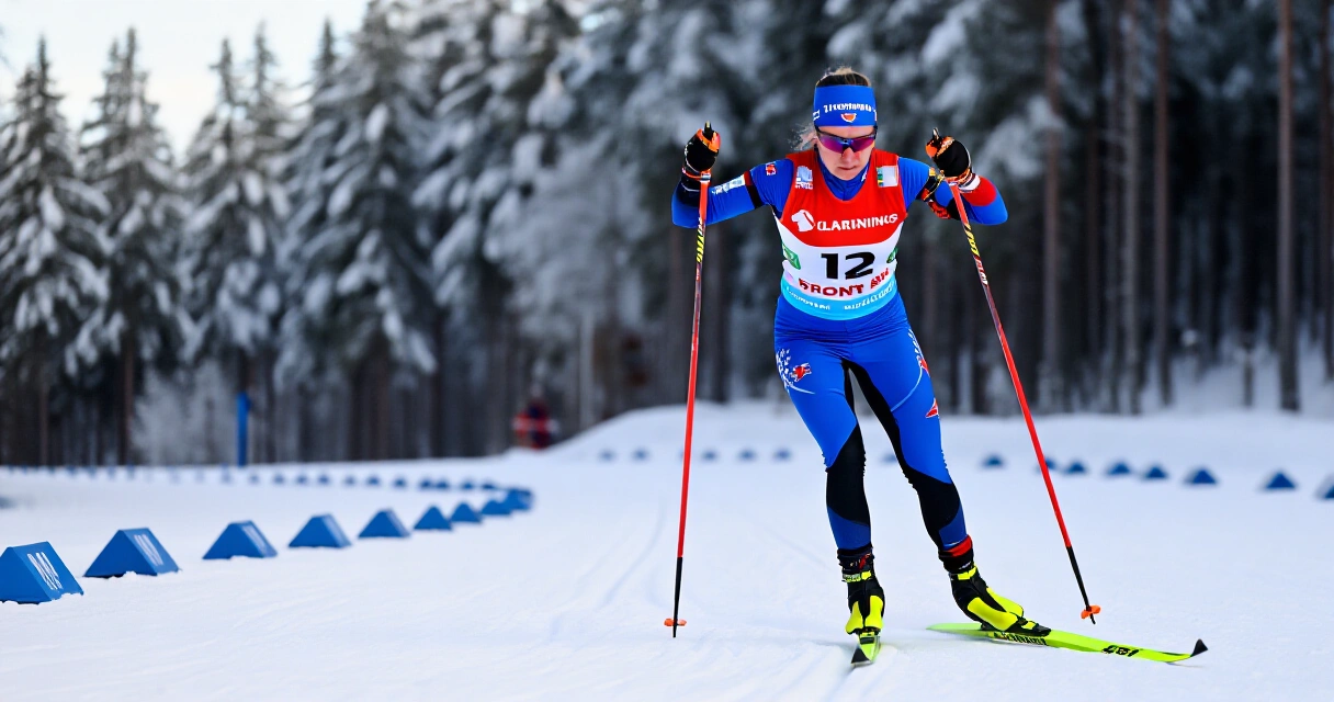 Suomalainen naishiihtäjä kilpailemassa lumisessa pohjoismaismaisemassa