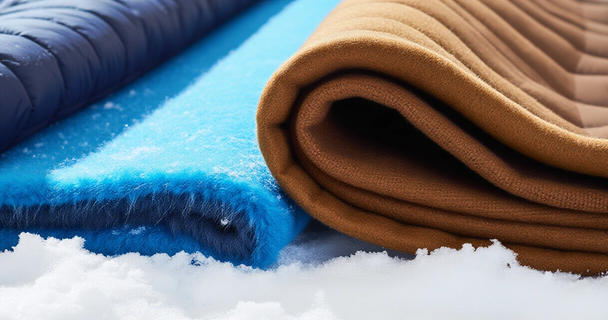 Talviulkoiluvaatteiden kerrokset: fleece, villa ja kuorimateriaali rinnakkain