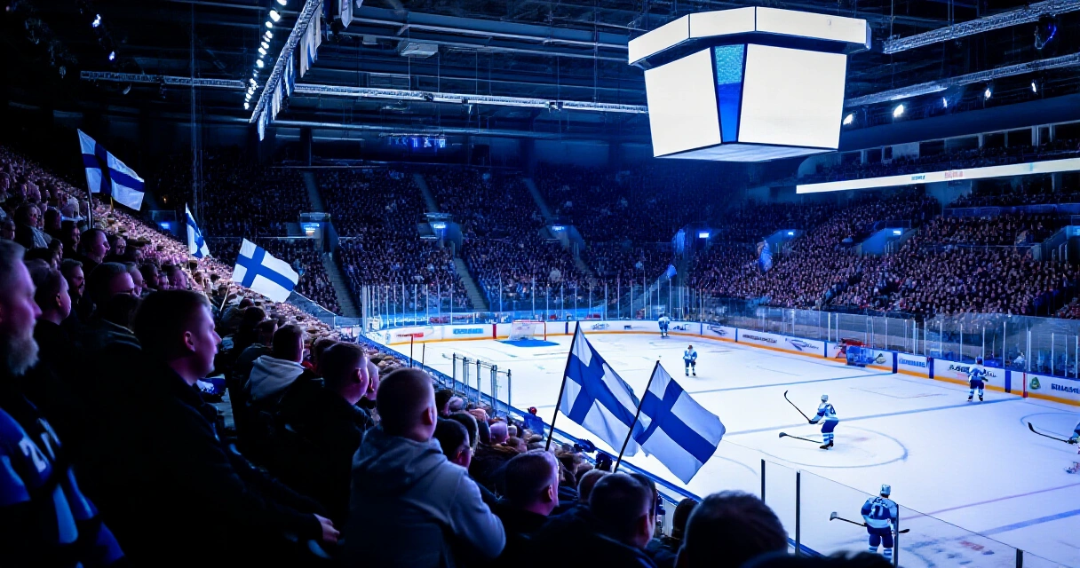 Jääkiekkoareena täynnä suomalaisia kannattajia, Suomen liput liehuvat