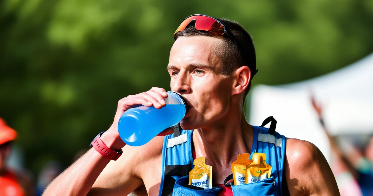 Juoksija ottaa energiageelin veden kanssa maratonilla