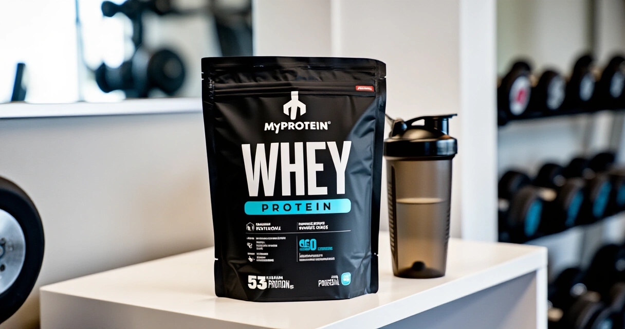 MyProtein Impact Whey Protein pakkaus ja shakeri urheilusalin hyllyllä