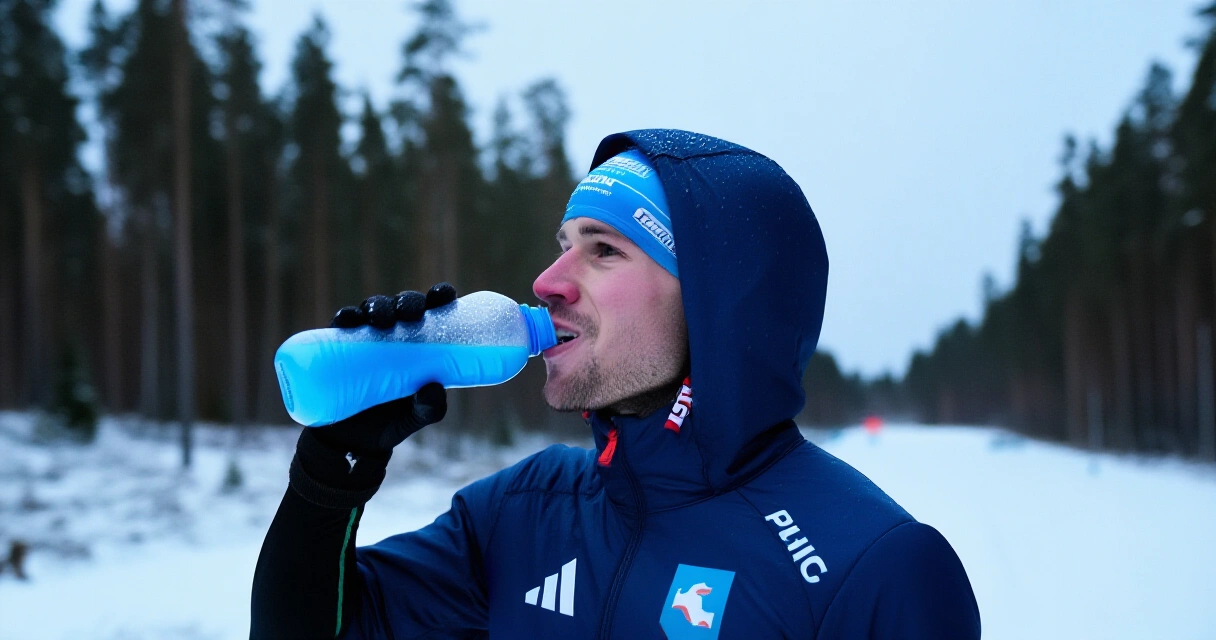 Urheilija palautumassa talviharjoittelun jälkeen ulkona lumisessa metsässä