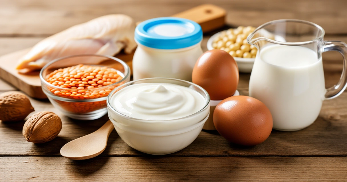 Juoksijan palautumiseen sopivia proteiinipitoisia ruokia: jogurtti, kananmunat, linssit, kananrinta ja maito