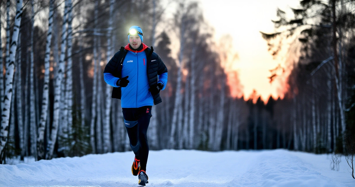 Juoksija lumisella metsäpolulla talvi-Suomessa otsikoitu pimeässä