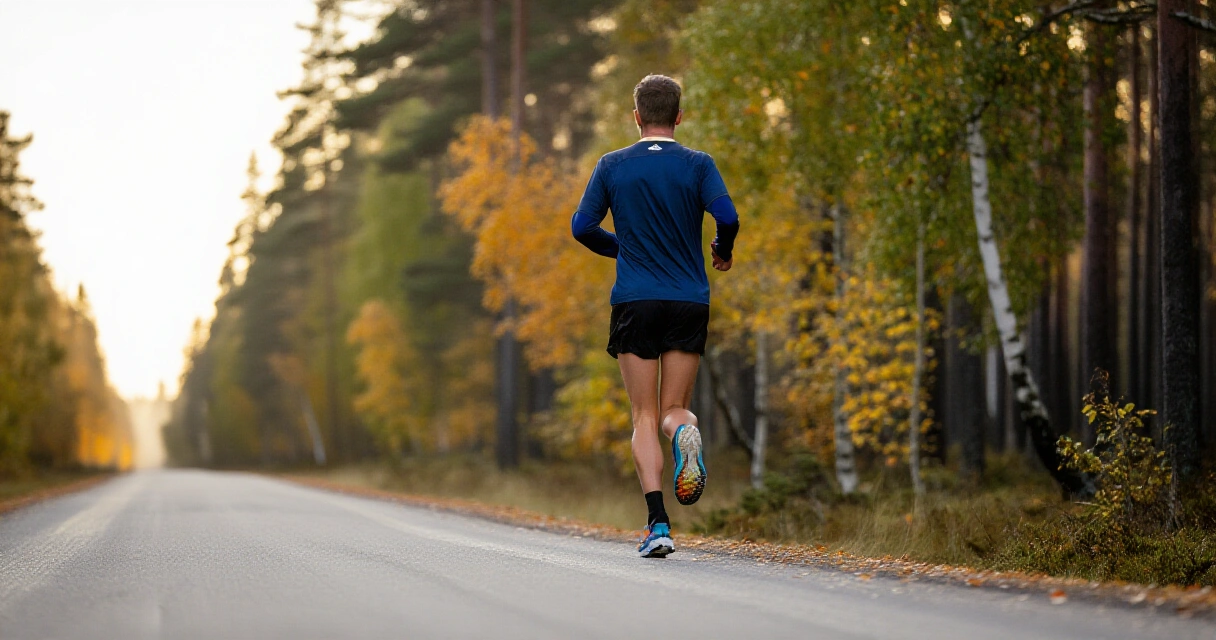 Aloittelija juoksee metsäpolulla syksyllä Suomessa