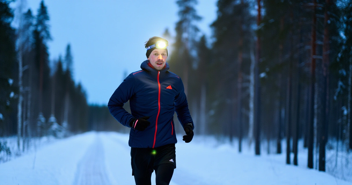 Juoksija lumipeitteisellä metsäpolulla hämärässä otsan lamppu päässä Suomessa